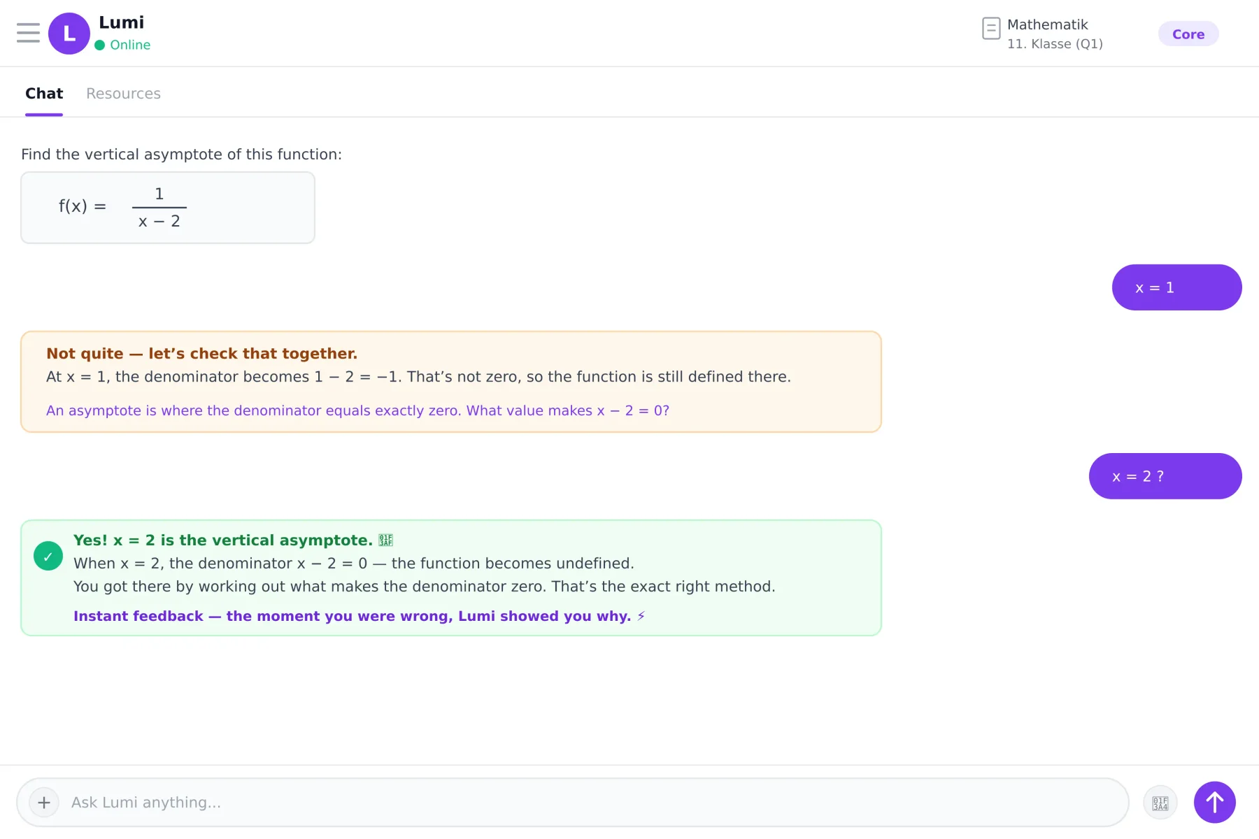 Lumi giving immediate tutor-like feedback after a student attempt