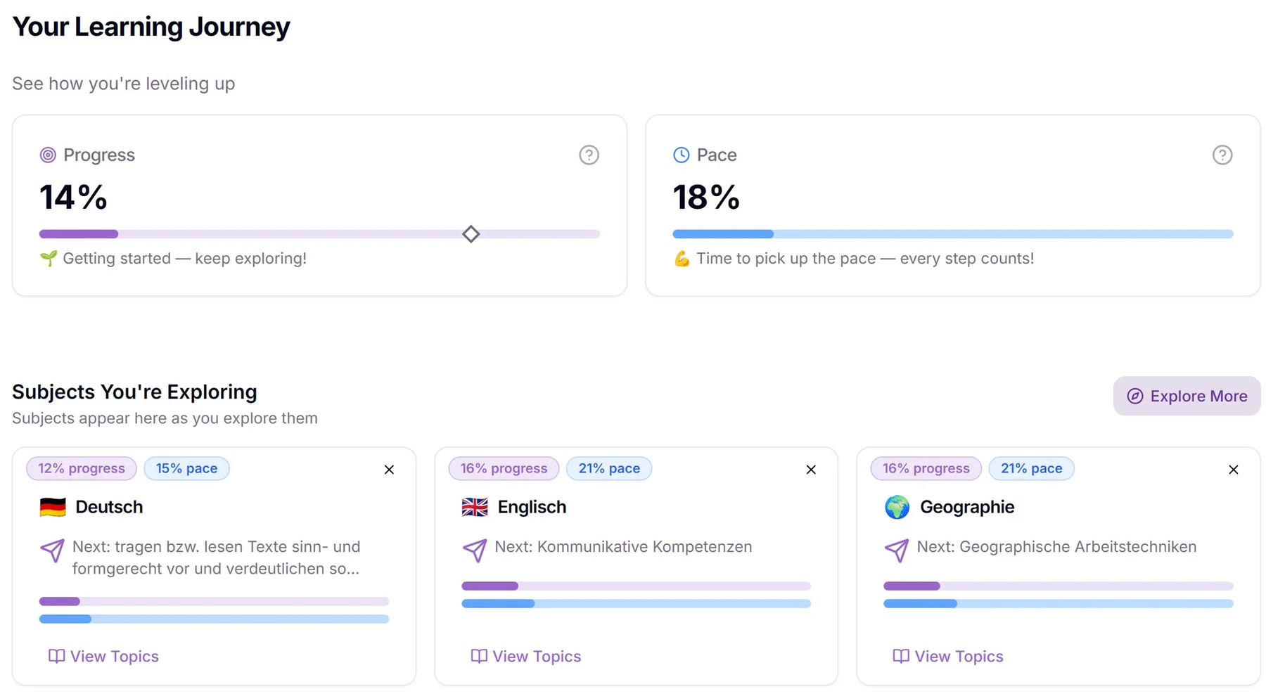 Student learning journey overview dashboard showing progress across subjects