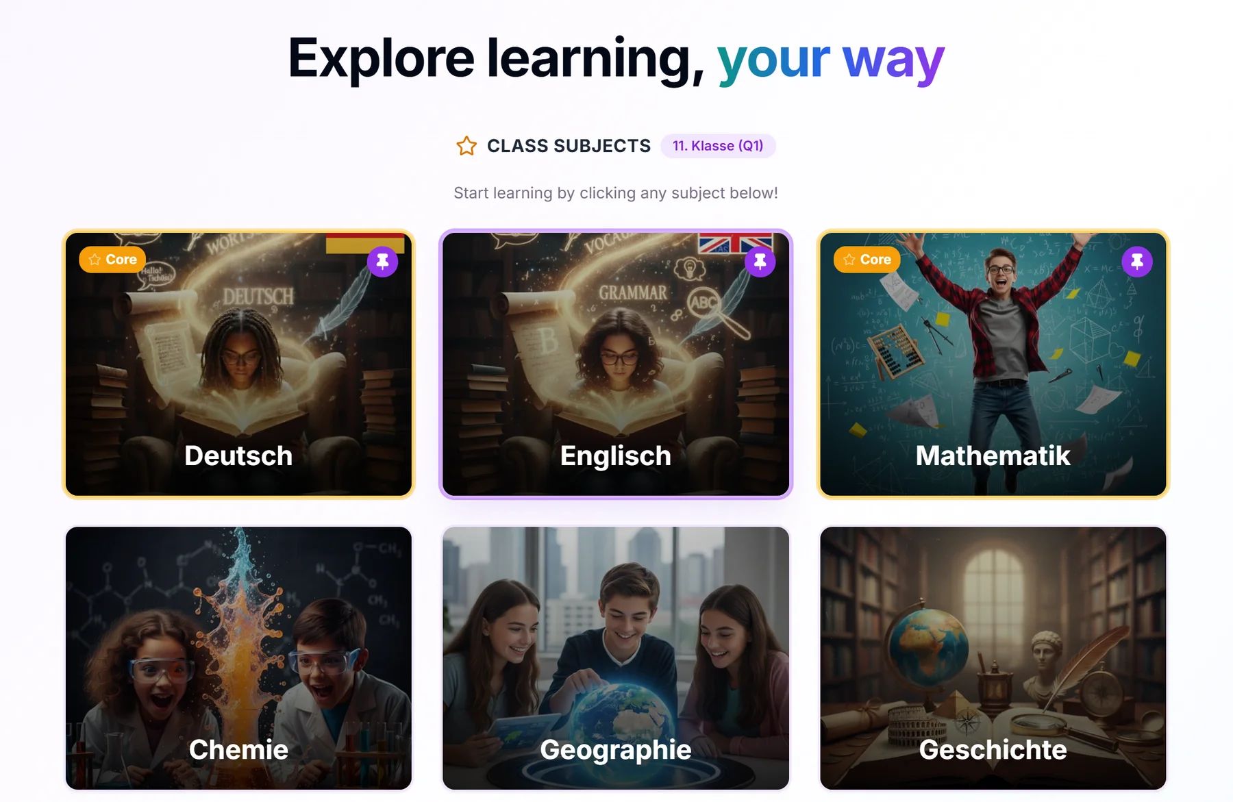 Student subject selector showing all available subjects to study